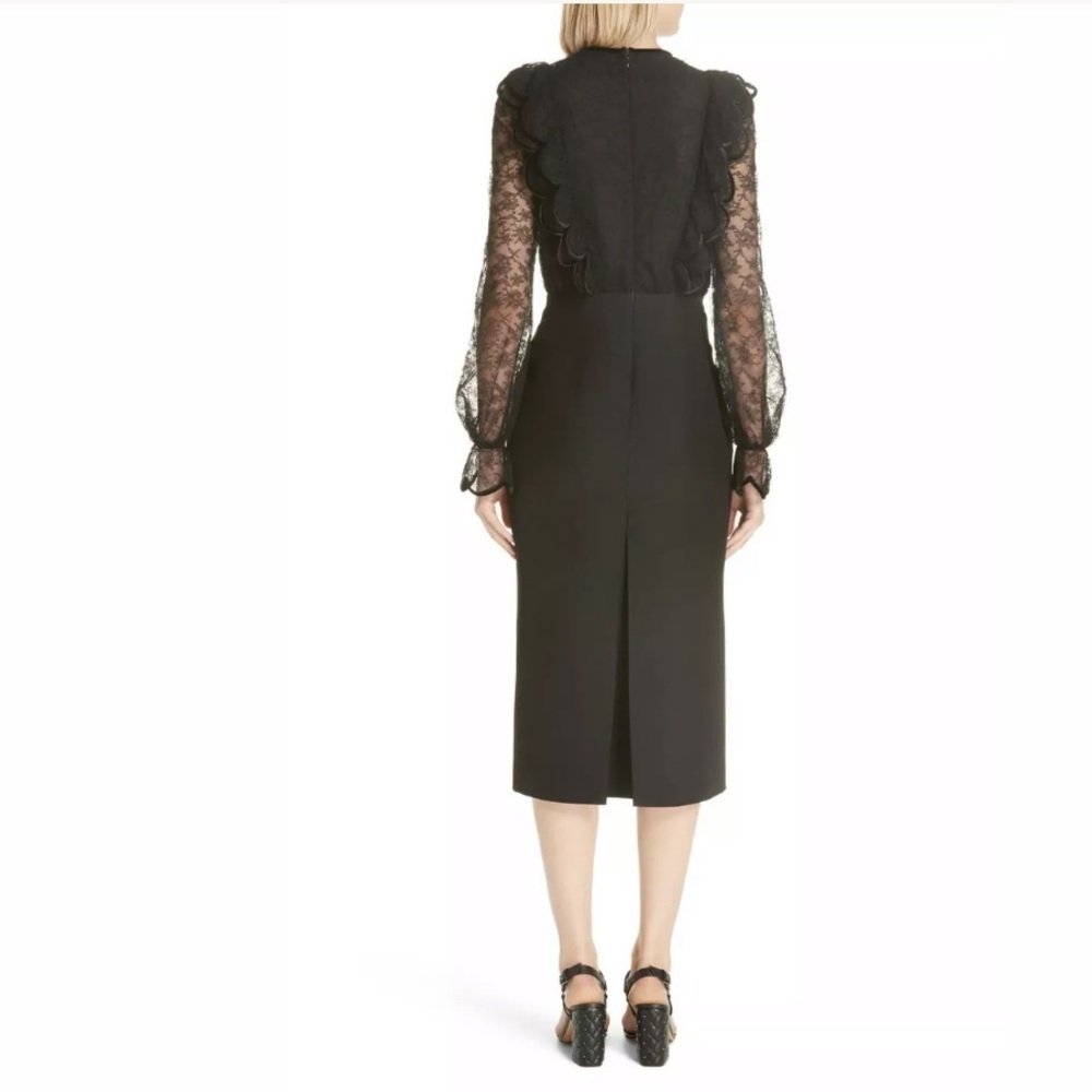 VALENTINO Black Lace Velvet Bow Ruffle Midi Dress - Picture 2 of 8